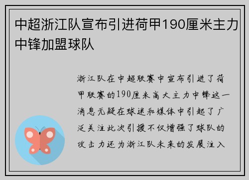 中超浙江队宣布引进荷甲190厘米主力中锋加盟球队 中超浙江队宣布引进荷甲190厘米主力中锋加盟球队